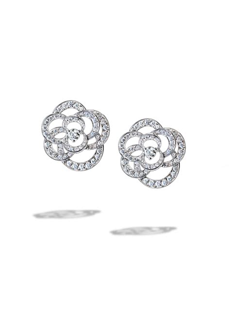 Chanel Camélia Earrings in 18K white gold and diamonds. Available at the Chanel Fine Jewelry ...