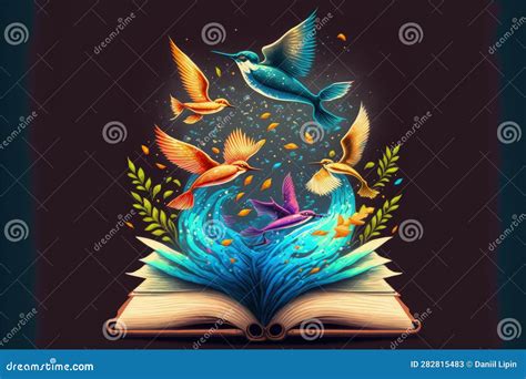 An Open Enchanted Book with a Surfer, Birds and Fishes Emerging from within. Illustration ...