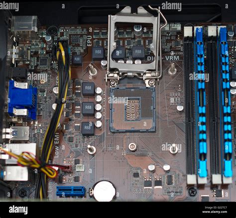 Inside of pc. Motherboard, CPU socket and RAM memory Stock Photo - Alamy