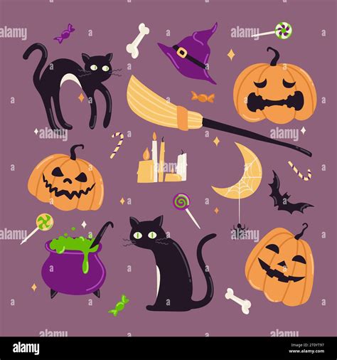 Vector icons and illustrations on the theme of Halloween. Set of images: pumpkins, cats, potion ...