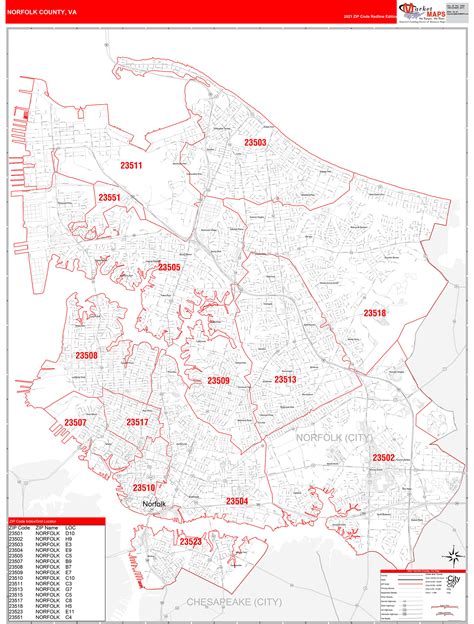 Norfolk Virginia Zip Code Wall Map Red Line Style By Marketmaps | Images and Photos finder