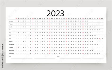 Calendar 2023 year. Linear planner template. Yearly horizontal calender. Week starts Sunday ...