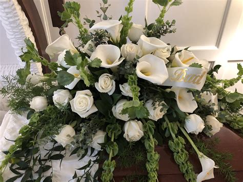 White calla lilies and roses, casket spray | Funeral spray flowers, Funeral flower arrangements ...