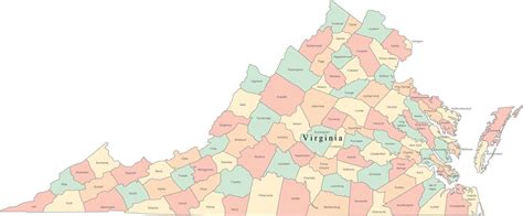 Multi Color Virginia Map with Counties and County Names