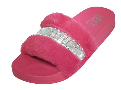 Womens Slippers with Faux Fur Flat Slides With Rhinestones Stripe Size ...