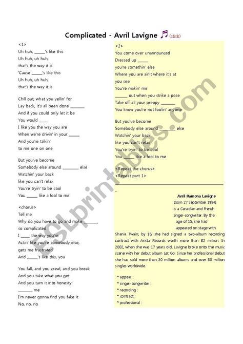 Complicated - Avril Lavigne - ESL worksheet by Helen Lim