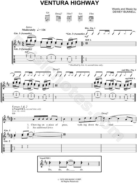 America "Ventura Highway" Guitar Tab in D Major - Download & Print - SKU: MN0084425