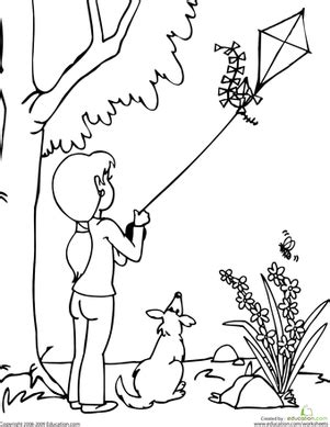 Children Flying Kites: Coloring Pages for Kids