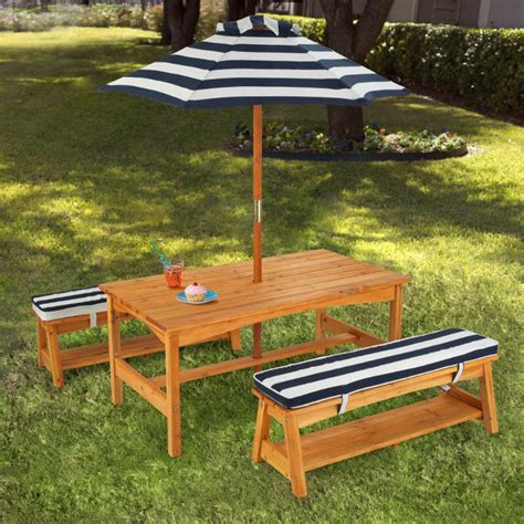 Outdoor Table, Bench Set with Cushions & Umbrella NAVY