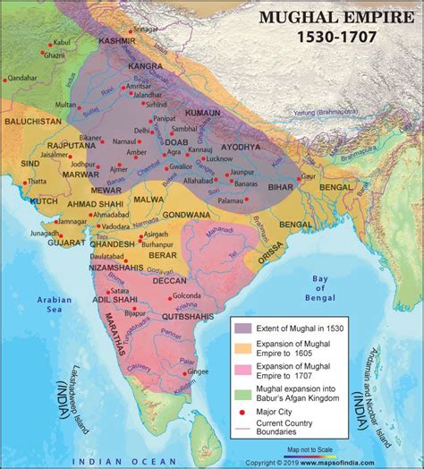 Find mughal empire map, highlights the empire during Babur, Akbar and Aurangzeb with cities and ...