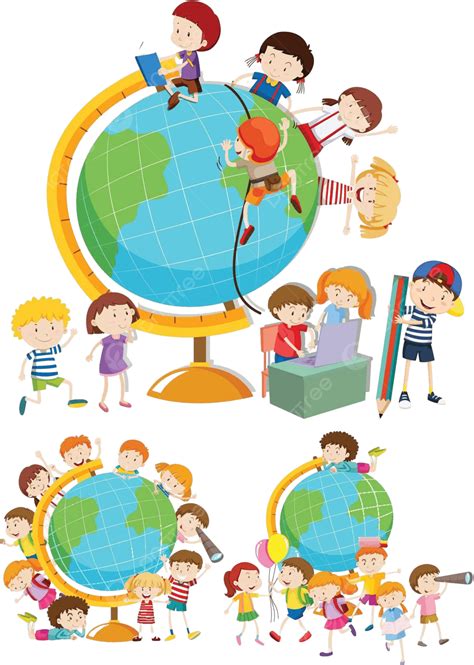 Set Of Children And Globes Clipart Image Blue Vector, Clipart, Image, Blue PNG and Vector with ...