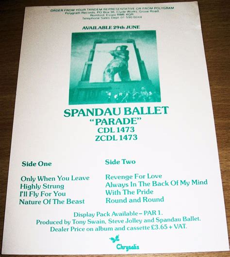 SPANDAU BALLET U.K. RECORD COMPANY PROMO RETAIL INFO SHEET FOR THE ALBUM 'PARADE' 1984