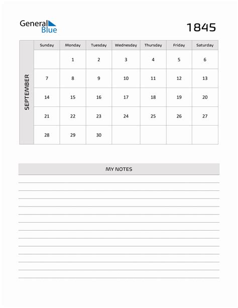 September 1845 Printable Monthly Calendar with Notes