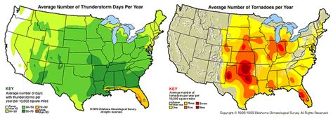 Maps showing the average number of thunderstorms days per year on the ...