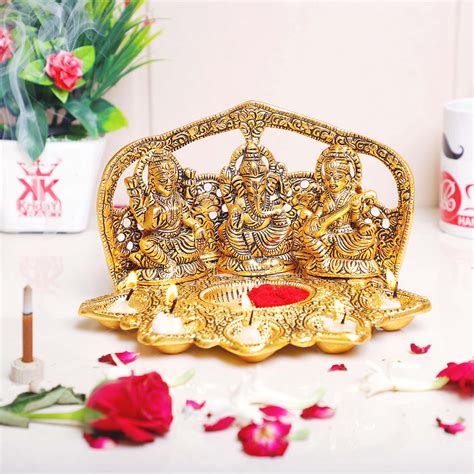 Buy KridayKraft Laxmi Ganesh Saraswati Metal Statue Decor with Diya ...