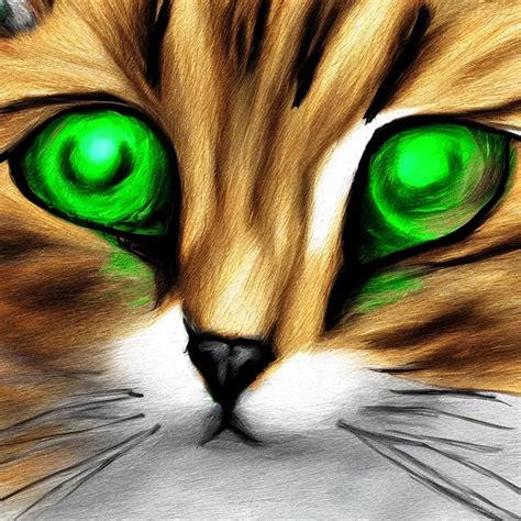 a drawing of a cat with green eyes, a digital painti... | OpenArt