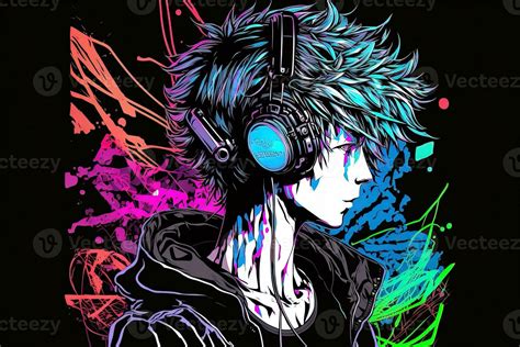 an neon gamer anime fashion boy or man wearing headphones, lost in his ...