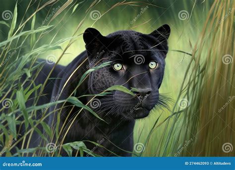 Panther Stalking Its Prey in the Tall Grass Stock Illustration ...