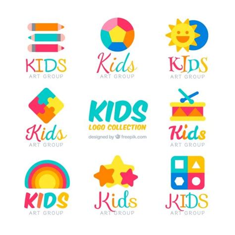 Premium Vector | Flat kids logos with colorful items | Marca de niños ...