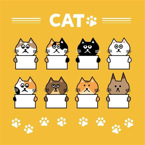 Cat head emoji vector. Line illustration of various cats holding blank signs on yellow ...