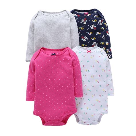 4Pcs Summer Baby Girl Bodysuits Set Rose Red Dot Long Sleeves Flowers ...