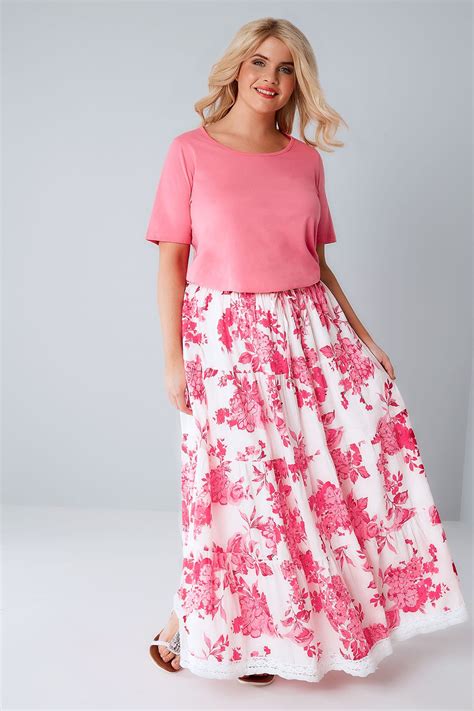 Pink & White Floral Print Tiered Maxi Skirt With Lace Trim Hem plus size 16 to 36