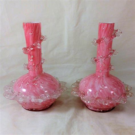 Antique Pair Pink Spangled Art Glass Vases Clear Glass Applied Flowers c 1890