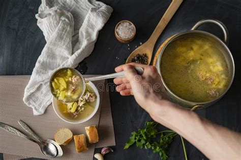 Pouring Soup In A Soup Plate On Served Table With A Ladle Stock Photo - Image of life, cabbage ...