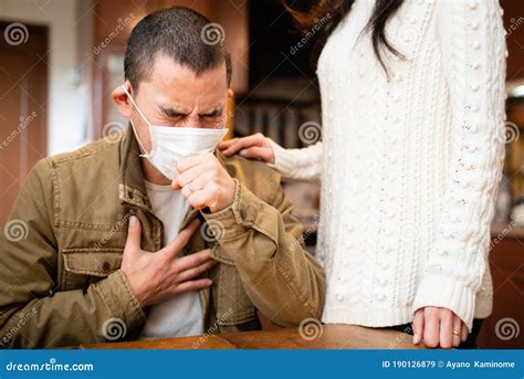 Man Wearing a Mask and Coughing Painfully Stock Image - Image of ...