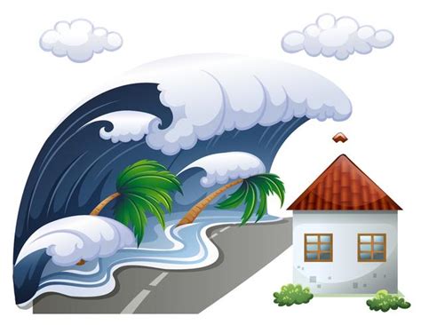 Tsunami scene with big waves and house 298491 Vector Art at Vecteezy