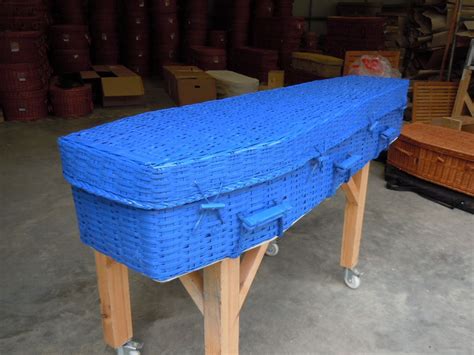 Ecoffins Bamboo Eco Traditional coffin sprayed Electric Blue with environmentally friendly paint ...