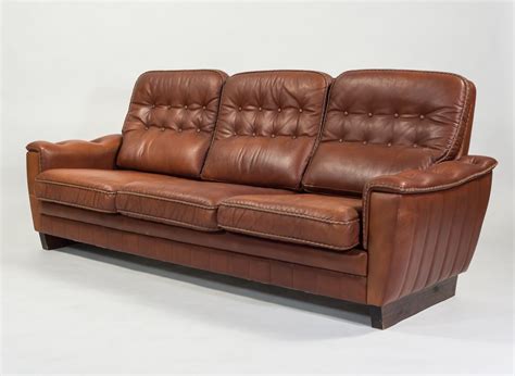 Danish three seats vintage sofa in dark cognac leather | #120537