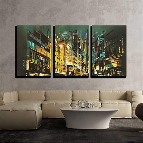 wall26 - 3 Piece Canvas Wall Art - Night Scene Cityscape,Abstract Art Painting - Modern Home ...