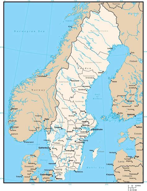 Sweden Map with County Areas and Capitals in Adobe Illustrator Format