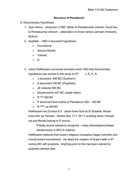 Bible 110 Old Testament A. Documentary Hypothesis Structure of Pentateuch