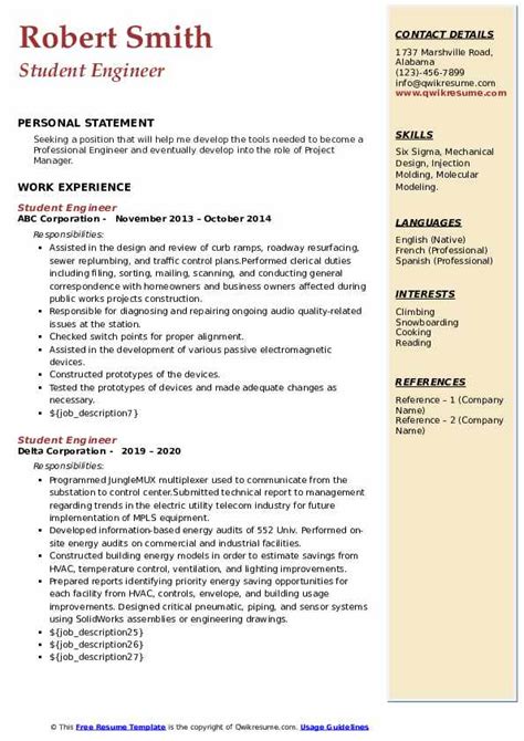 Student Engineer Resume Samples | QwikResume