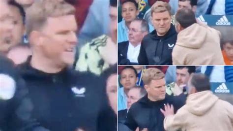 Fan confronts Newcastle manager Eddie Howe during Leeds clash