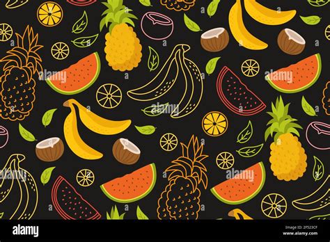 Fruit cartoon seamless pattern. Banana coconut, watermelon orange ...