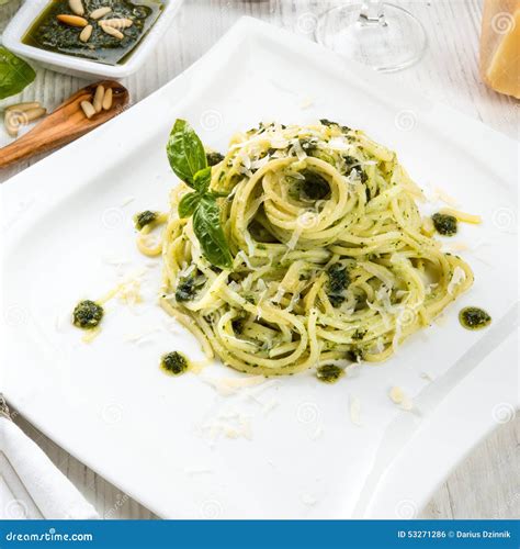 Pasta with Pesto Alla Genovese Stock Photo - Image of aromatic, green: 53271286