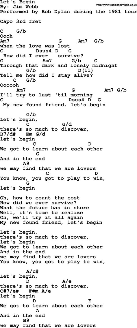 Bob Dylan song - Let's Begin, lyrics and chords