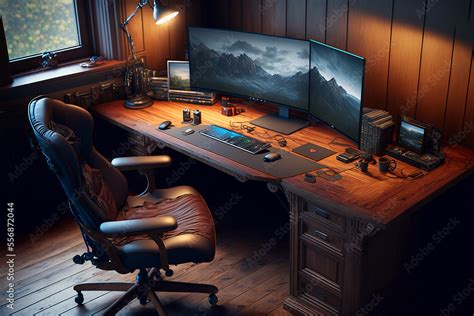 corner office desk setup with a long wooden desk and leather accents, keyboard, mouse and ...