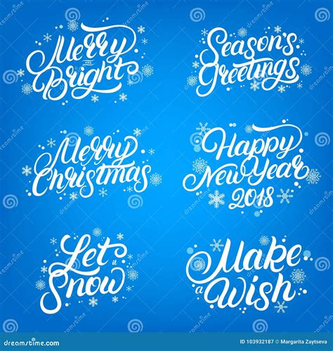 Set of Christmas and New Year 2018 Quotes. Hand Written Lettering with Falling Snow and ...