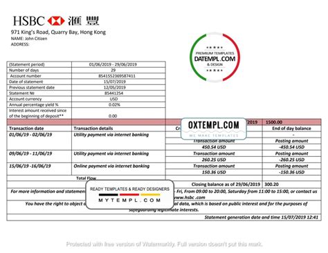 Hong Kong HSBC bank statement easy to fill template in Word and PDF ...