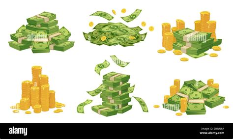 Cartoon money and coins. Green dollar banknotes pile, golden coin and rich vector illustration ...