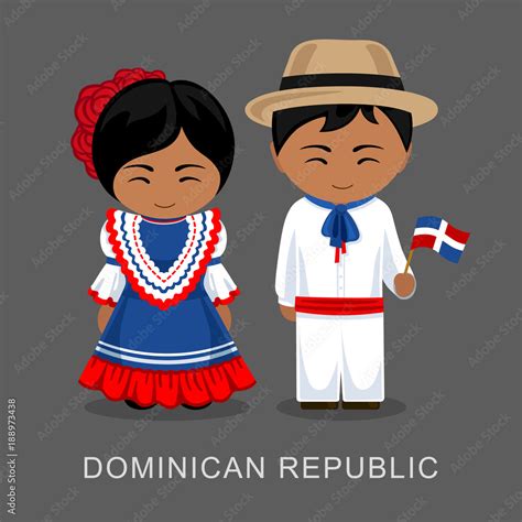 Dominicans in national dress with a flag. Man and woman in traditional ...