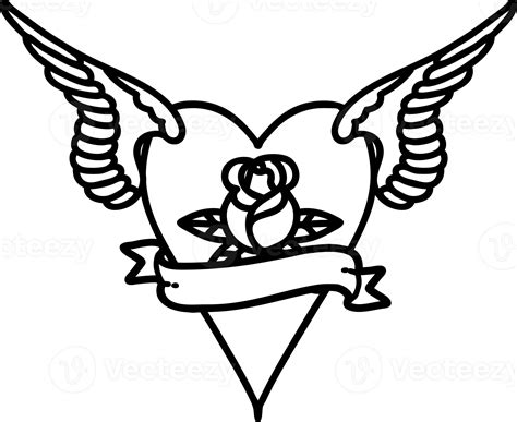 tattoo in black line style of a flying heart with flowers and banner icon 40836581 PNG