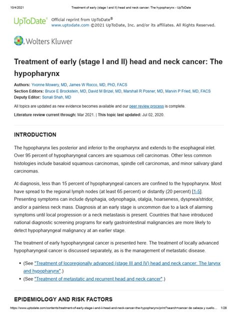 5.3 Treatment of Early (Stage I and II) Head and Neck Cancer - The Hypopharynx - UpToDate ...