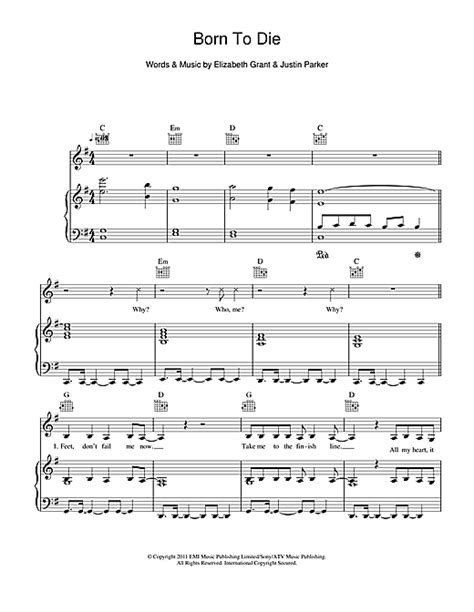 Born To Die sheet music by Lana Del Rey (Piano, Vocal & Guitar (Right-Hand Melody) – 113587)