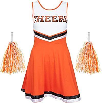 an orange and white cheerleader dress with pom poms