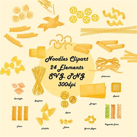 Pasta Clipart 24 Elements SVG, PNG Pasta Graphics Farfalle Macaroni Fusilli Rigatoni Ravioli ...